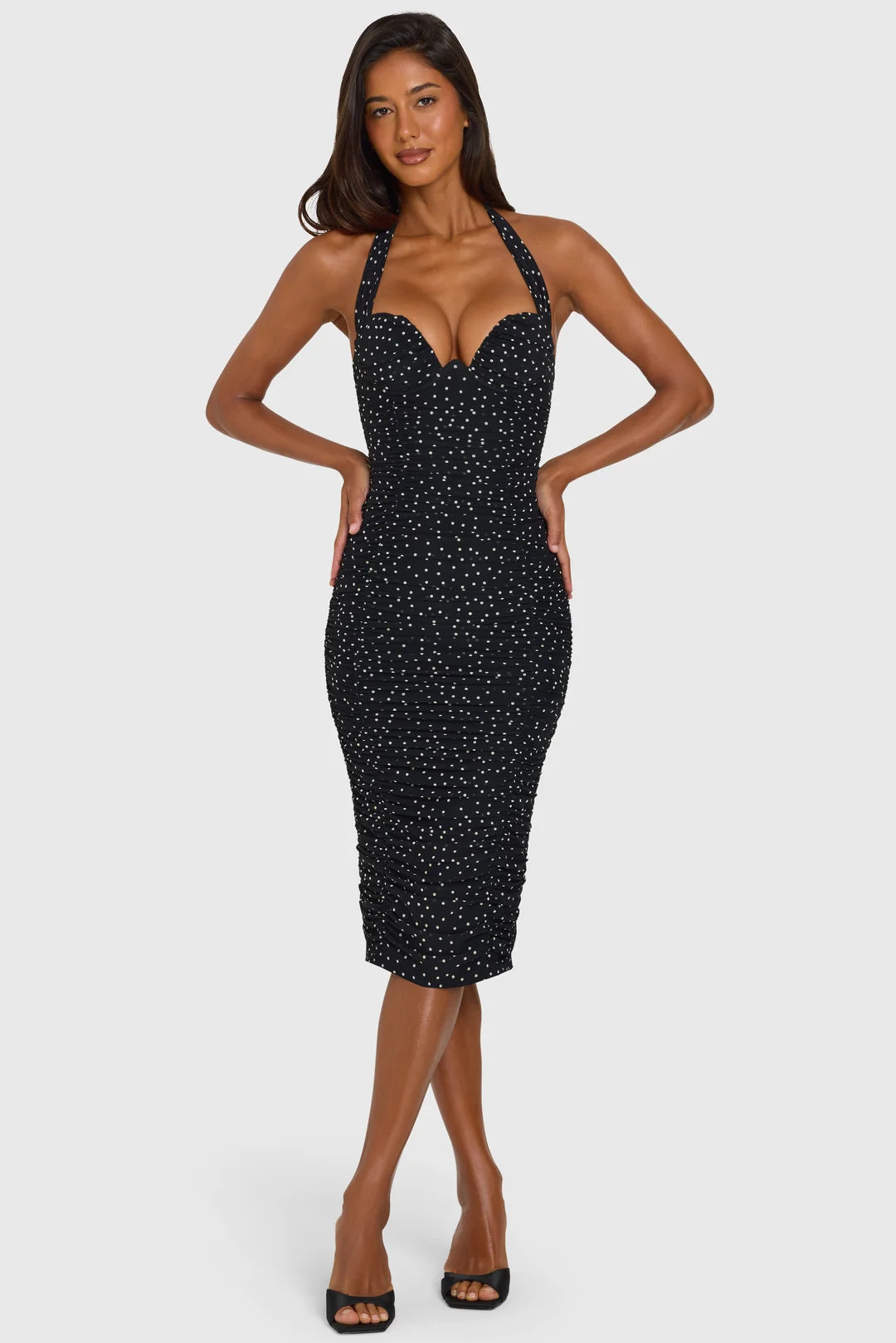 Black Polka Dot Halterneck Midi Dress with Underwire Bust and Front Slit