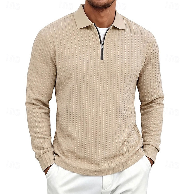 Mens Textured Quarter-Zip Polo Shirt with Long Sleeves and Regular Fit