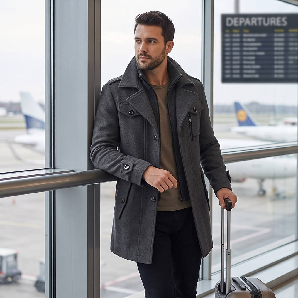 Men's Tweed Wool Coat, Korean Style Business Jacket, Double Neck, Front Zipper & Button Detail