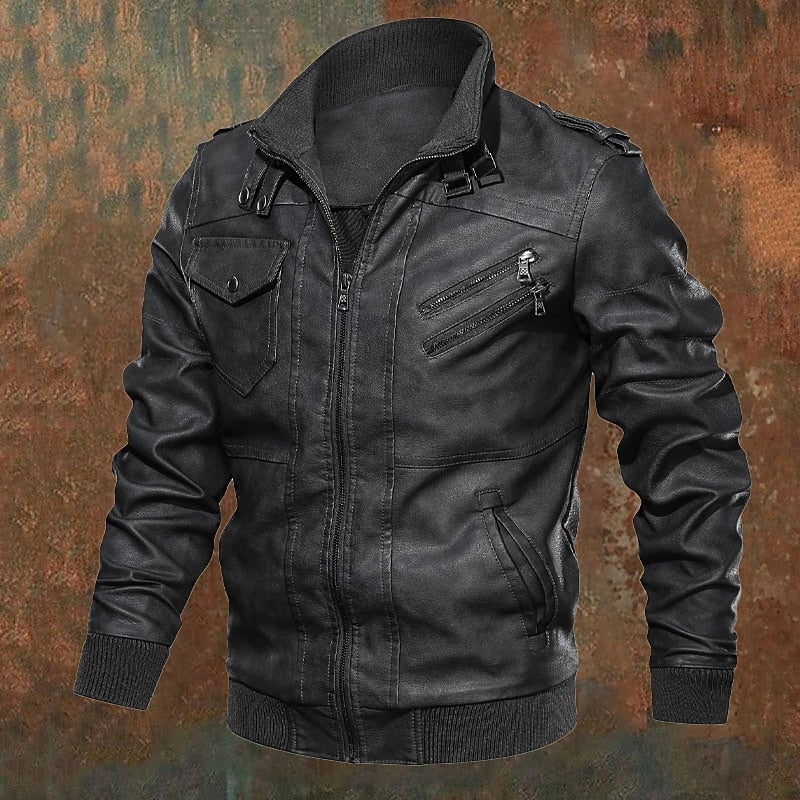 Stand Collar Biker Jacket with Ribbed Cuffs and Full Zip Closure