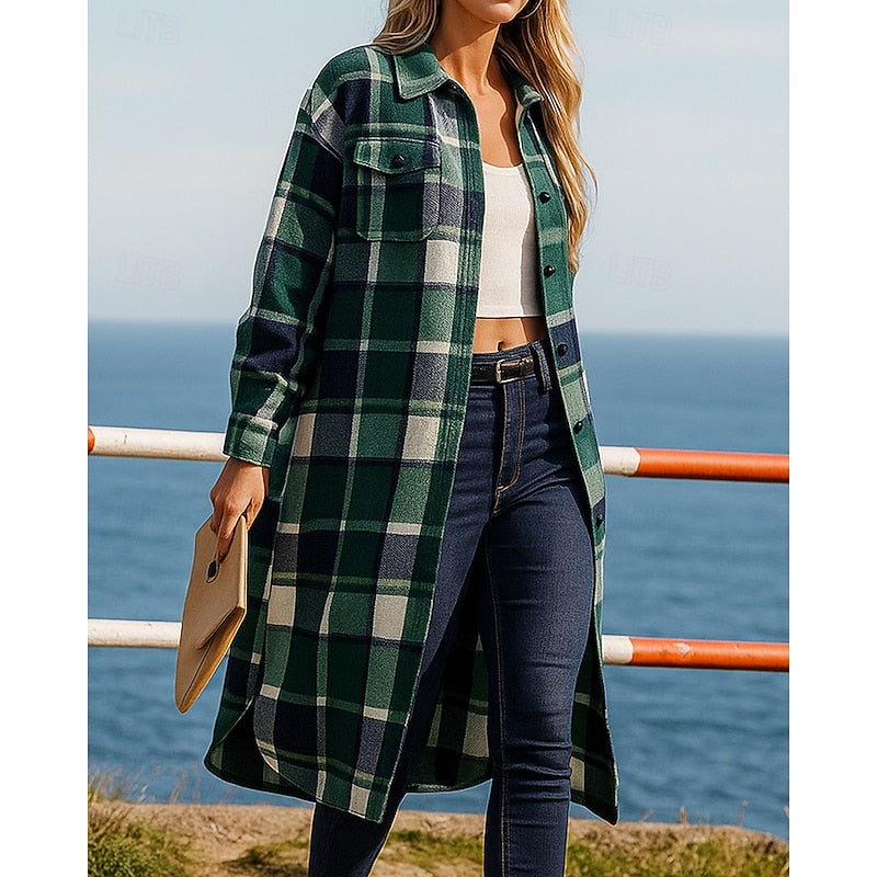 Checked Longline Coat with Button Front and Relaxed Fit, Hip Pockets