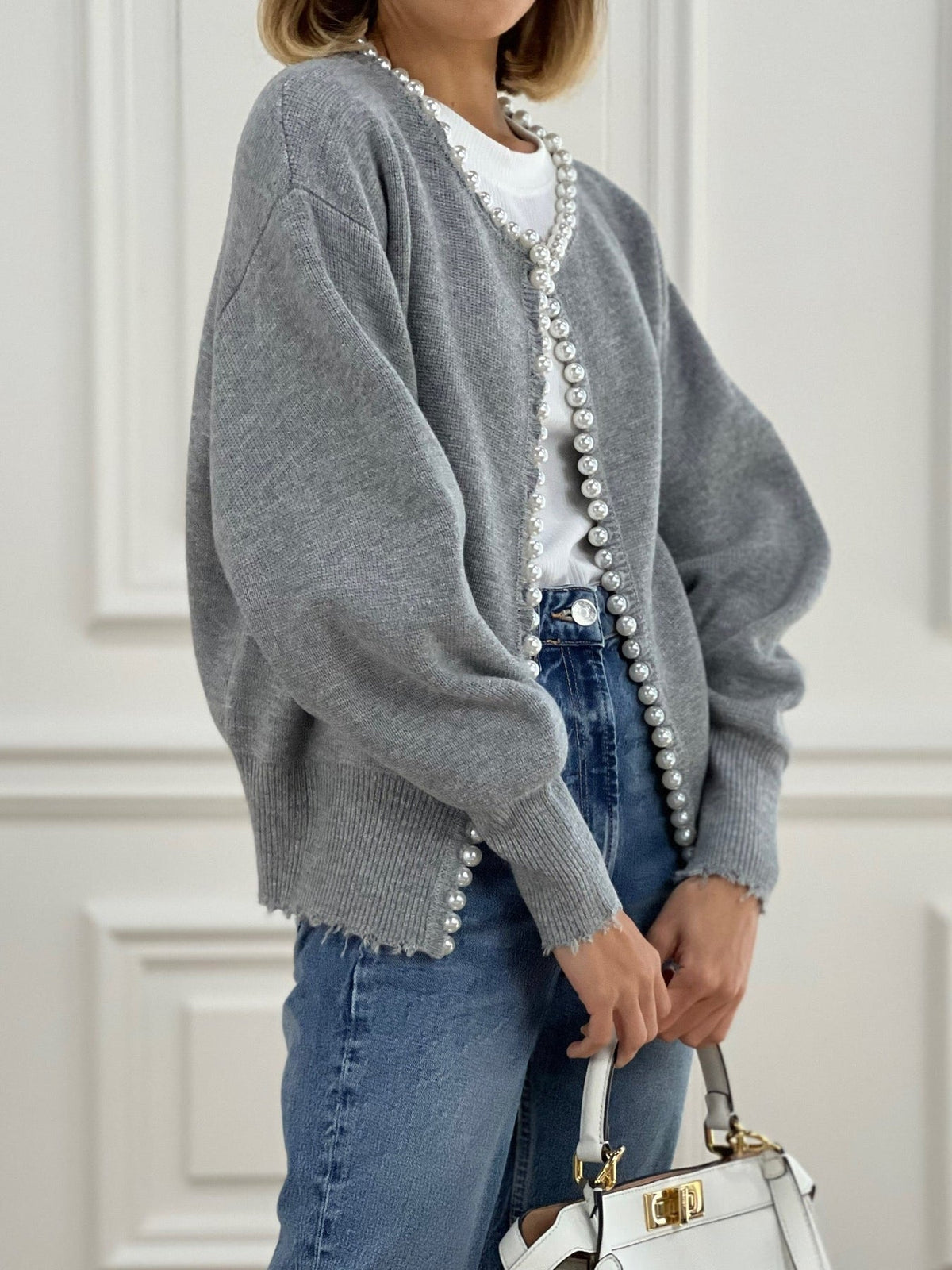 Womens Button Front Knit Cardigan with Pearl Trim Regular Fit