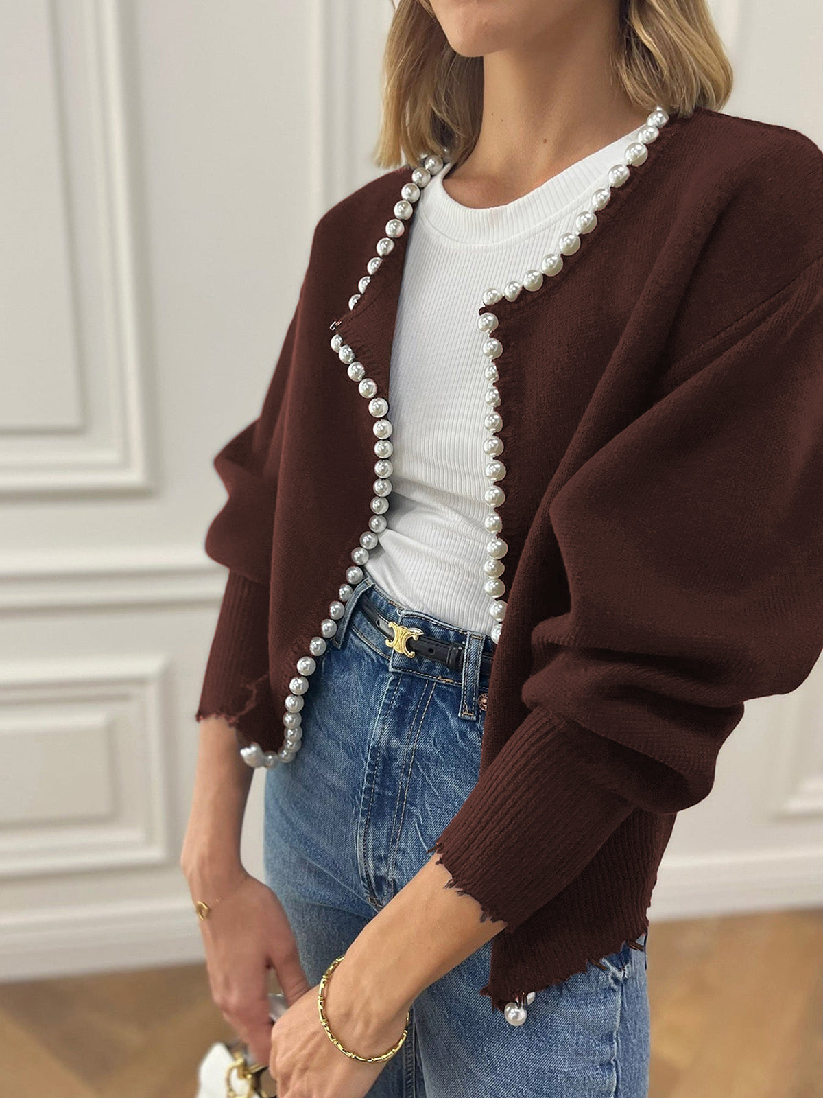 Womens Button Front Knit Cardigan with Pearl Trim Regular Fit
