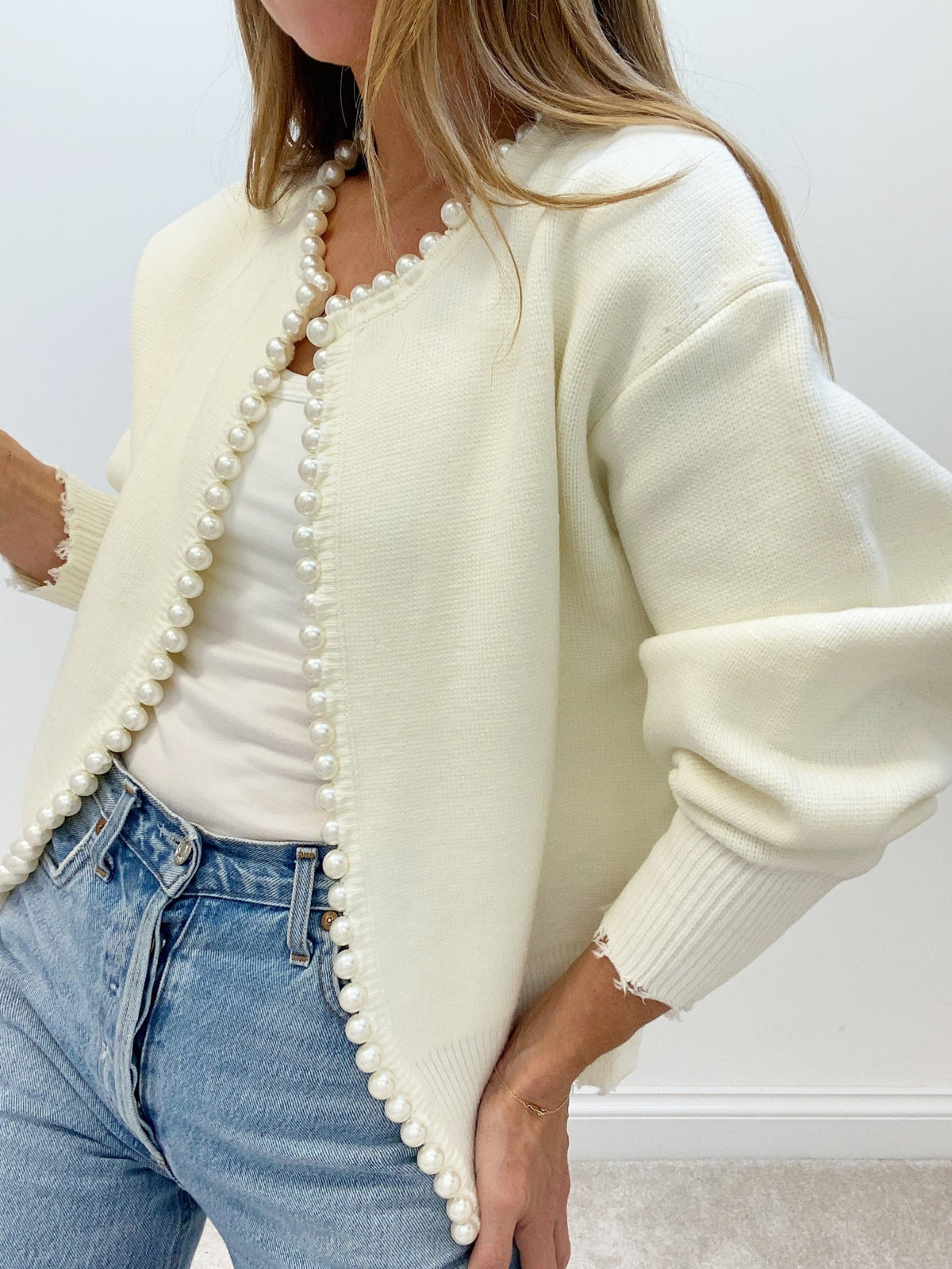 Womens Button Front Knit Cardigan with Pearl Trim Regular Fit