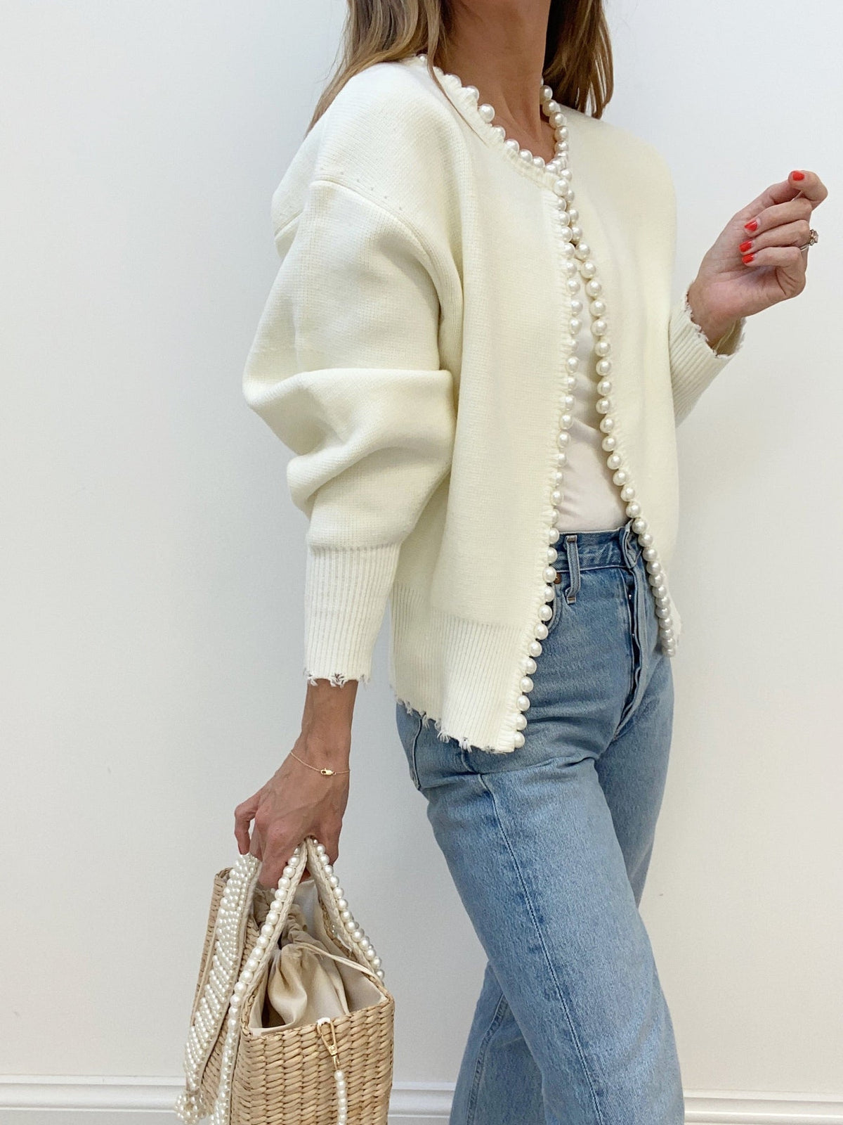 Womens Button Front Knit Cardigan with Pearl Trim Regular Fit