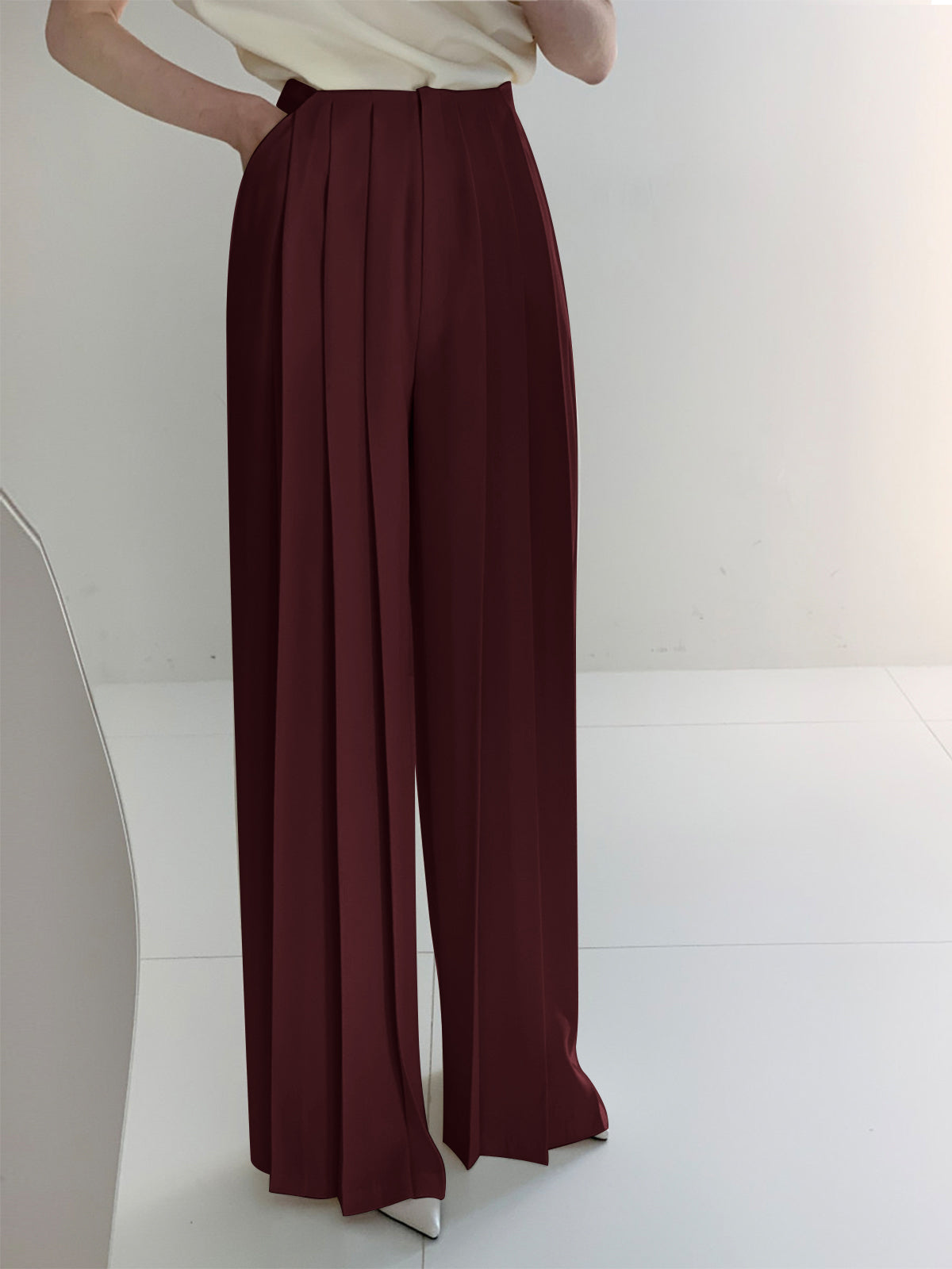 Pleated Front Shift Pants with Woven Fabric and Ankle Length for Women