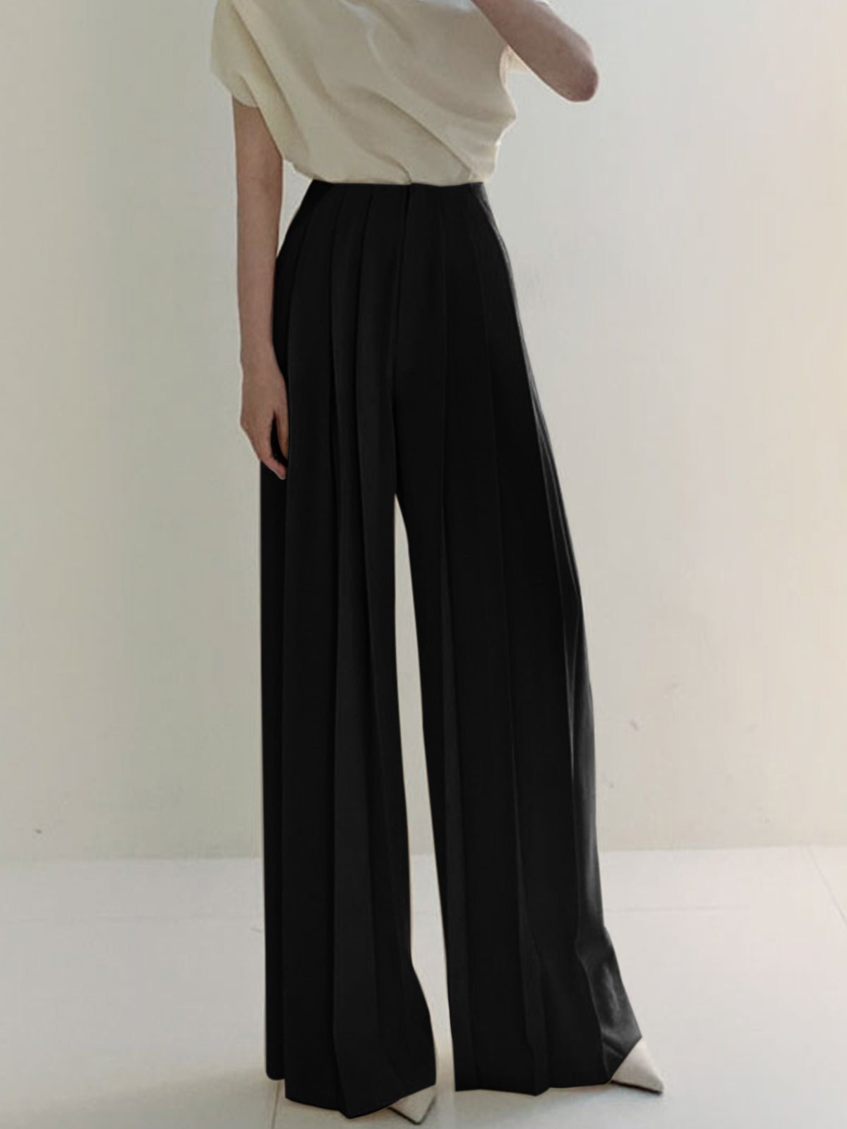 Pleated Front Shift Pants with Woven Fabric and Ankle Length for Women