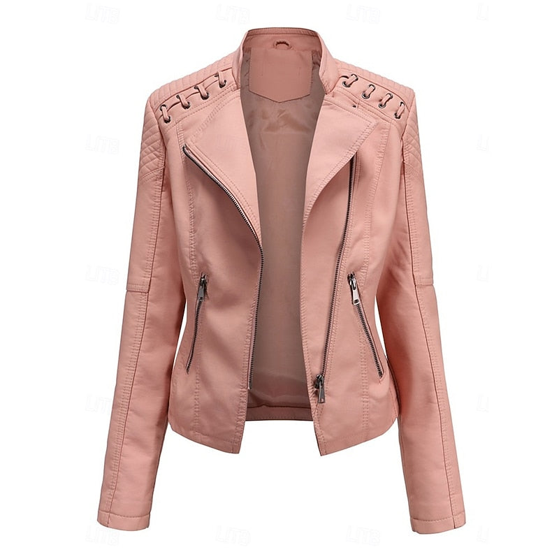 Tailored Biker Jacket with Front Zip and Structured Silhouette for Fall Winter