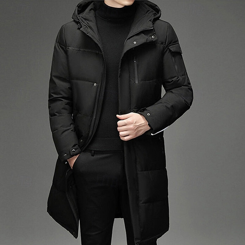 Padded Long Winter Coat with Adjustable Hood and Zip Pockets, Below Knee Length