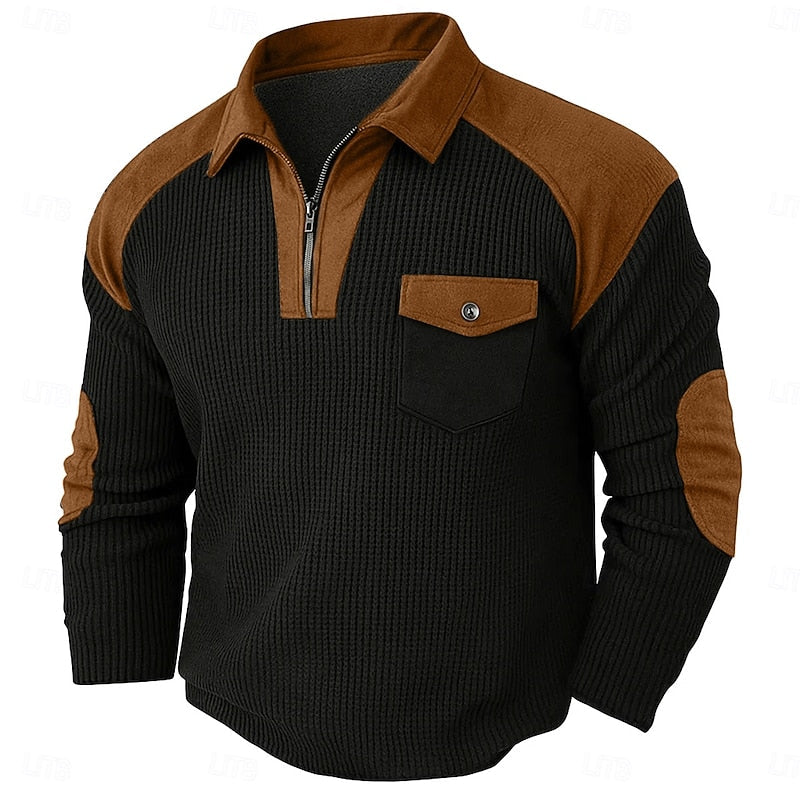 Quarter Zip Pullover with Textured Fabric and Elbow Patches, Chest Pocket