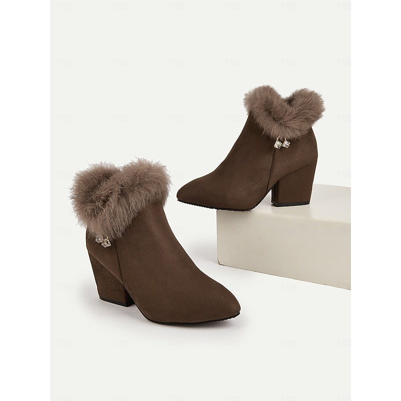 Ankle Boots with Plush Collar and Block Heel, Side Zip Pointed Toe