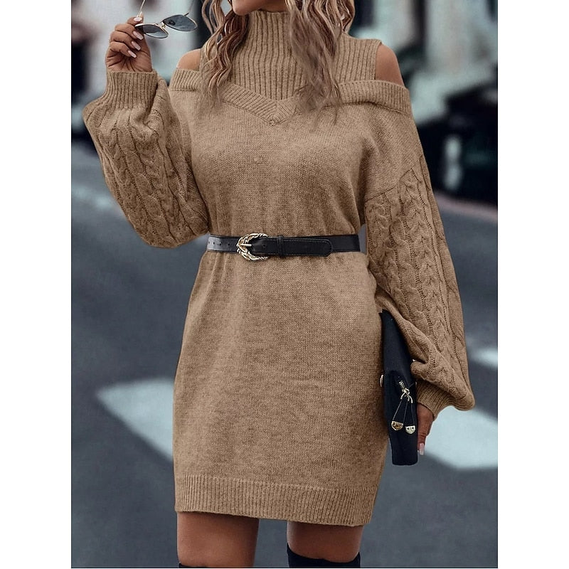 Cold-Shoulder Turtleneck Sweater Dress with Cable Knit Sleeves