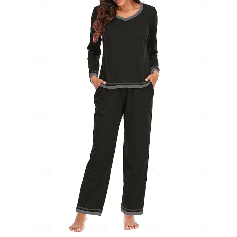 Womens Two Piece Lounge Set with Long Sleeve V Neck Top and Elastic Waist Trousers