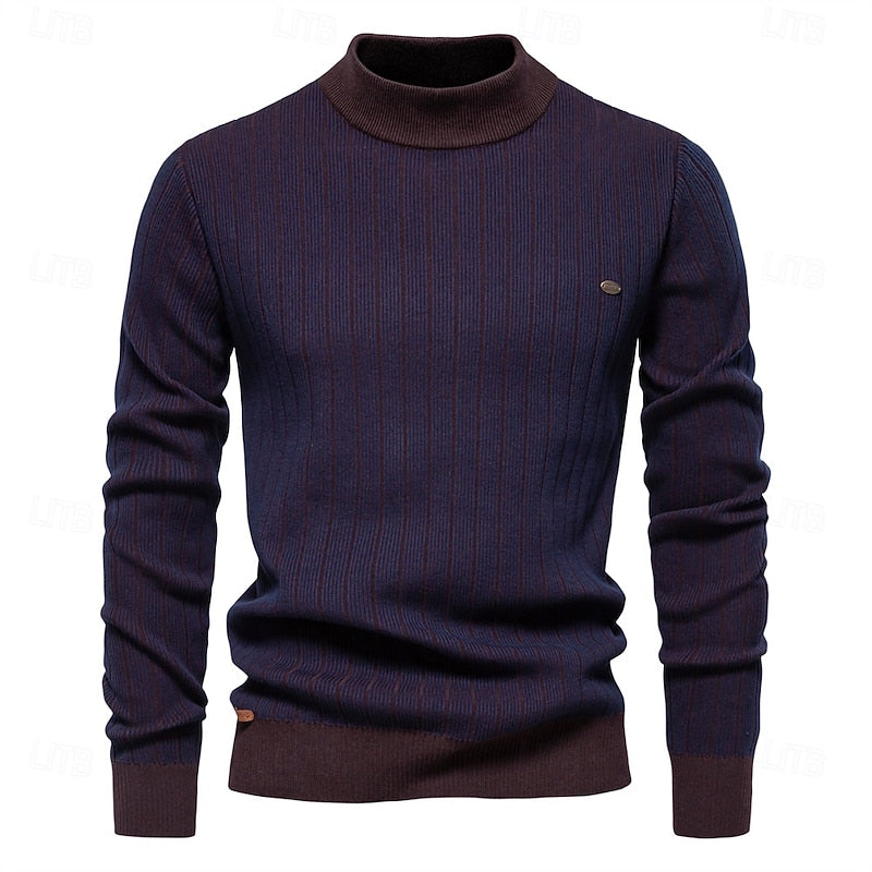 Ribbed Mock Neck Sweater with Tailored Fit and Vertical Knit Pattern