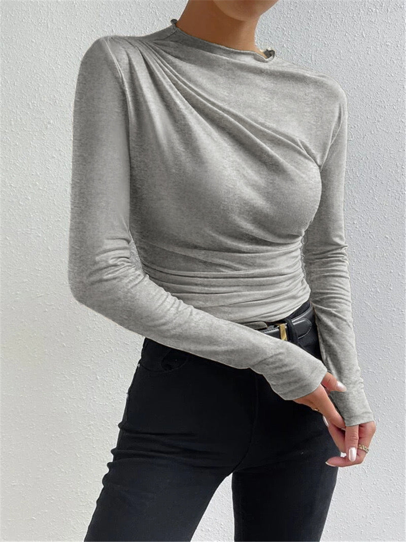 Mock Neck Top with Pleated Texture and High Stretch Fabric Long Sleeve