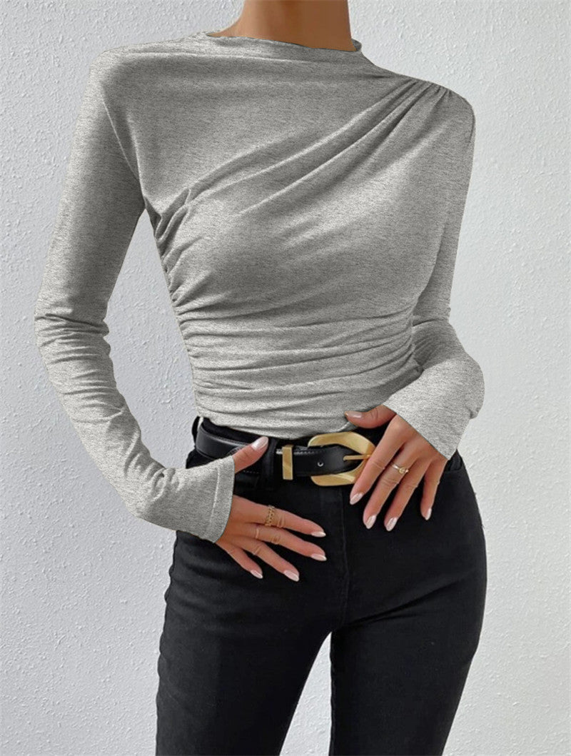 Mock Neck Top with Pleated Texture and High Stretch Fabric Long Sleeve