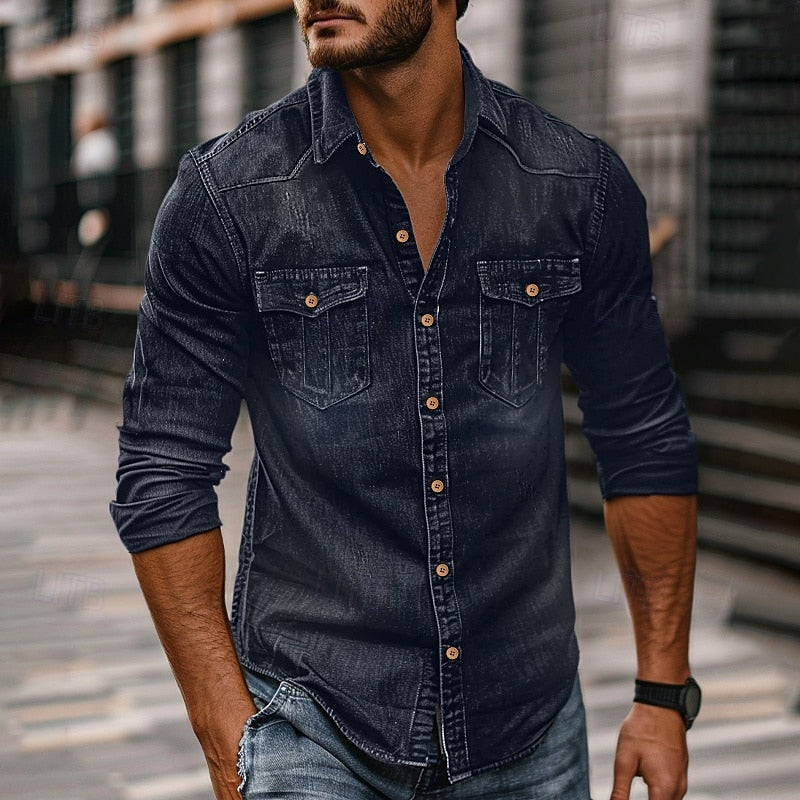 Button-Up Collared Shirt with Chest Pockets and Structured Shoulders