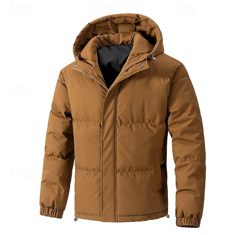 Hooded Puffer Jacket with Thick Padded Insulation and Adjustable Hood, Elastic Cuffs