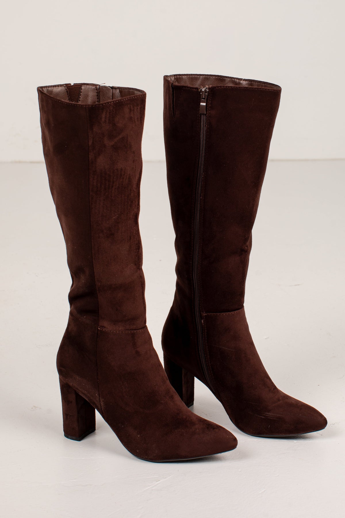 Faux Suede Knee High Boots with Side Zipper and Almond Toe, Block Heel