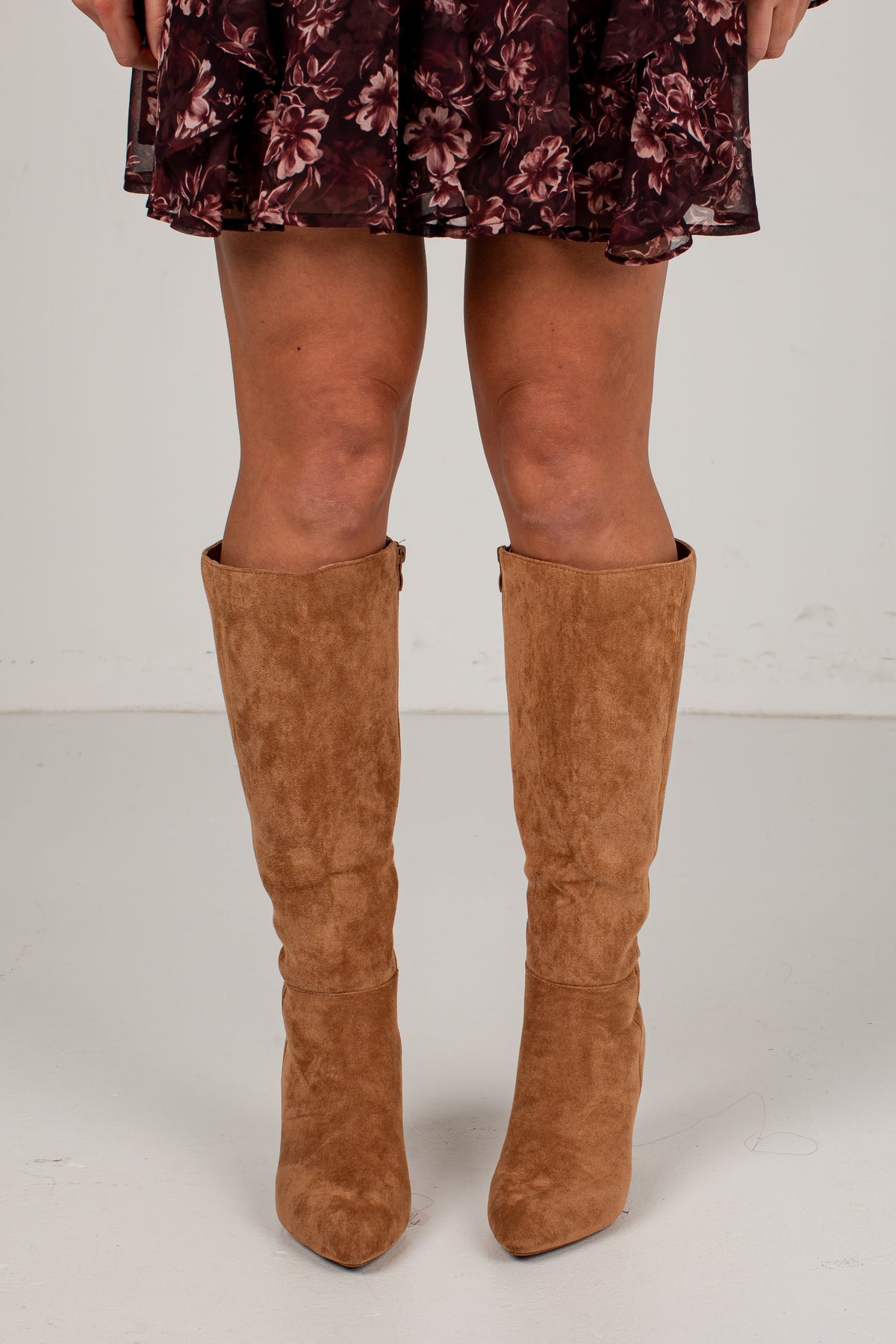 Faux Suede Knee High Boots with Side Zipper and Almond Toe, Block Heel