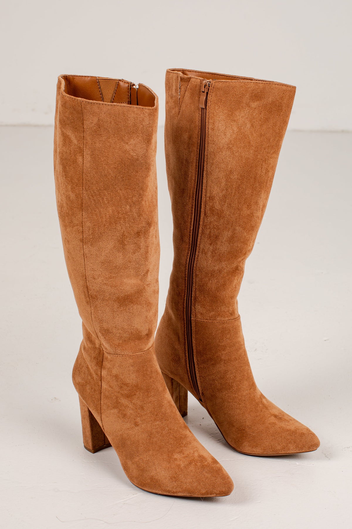Faux Suede Knee High Boots with Side Zipper and Almond Toe, Block Heel