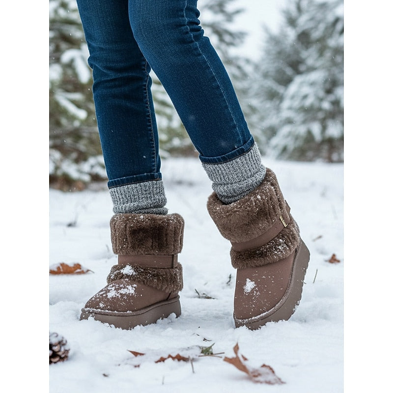 Womens Ankle Snow Boots with Fur Trim and Grip Sole With Plush Lined