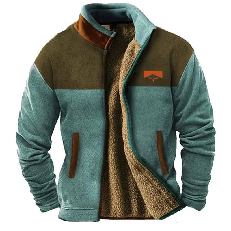 Mens Fleece Jacket with Aztec Geometric Pattern and Stand Collar