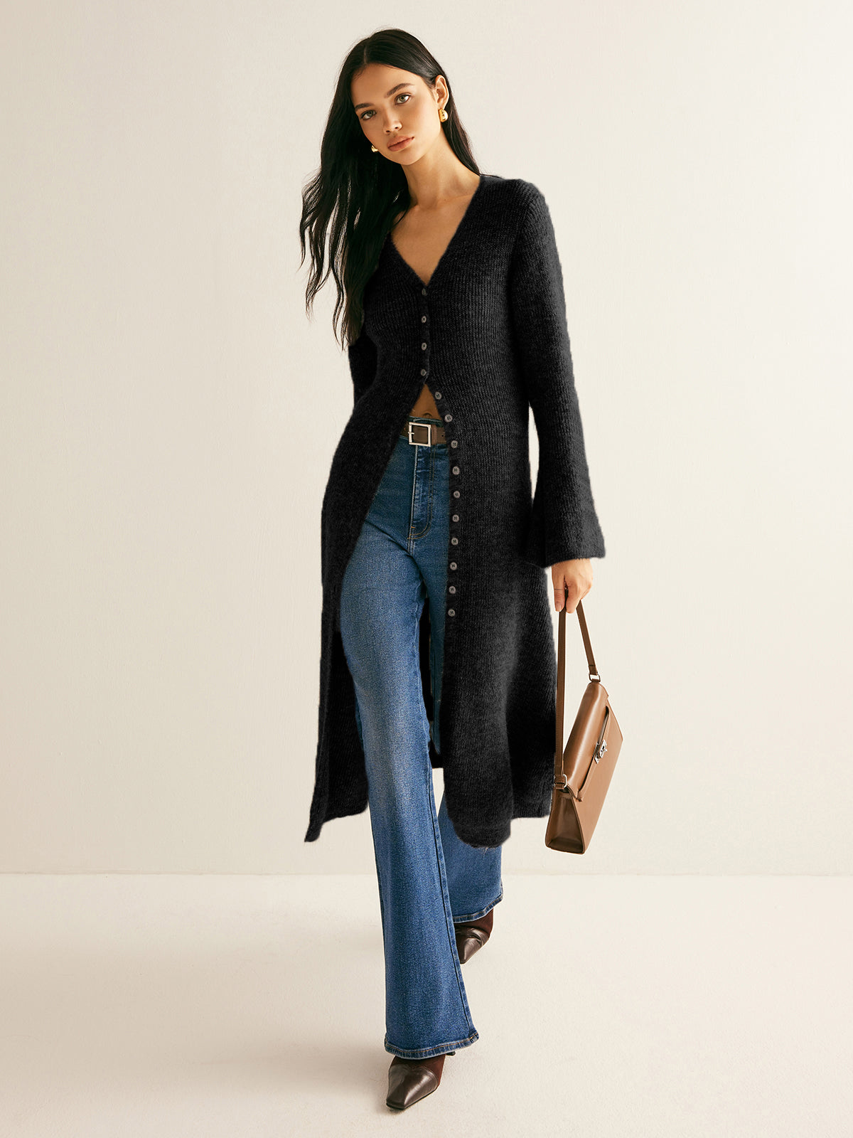 Knit Midi Dress with V-Neck Button Front and High Stretch Fabric