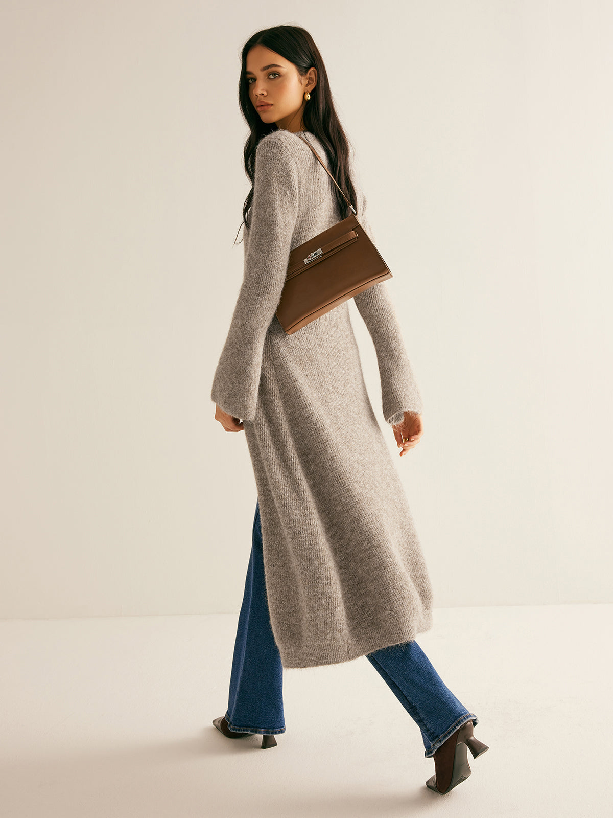 Knit Midi Dress with V-Neck Button Front and High Stretch Fabric