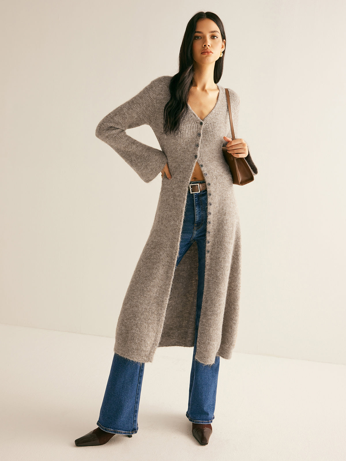 Knit Midi Dress with V-Neck Button Front and High Stretch Fabric