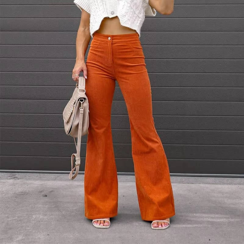Stretchy High-Rise Corduroy Flare Pants with Four Functional Pockets
