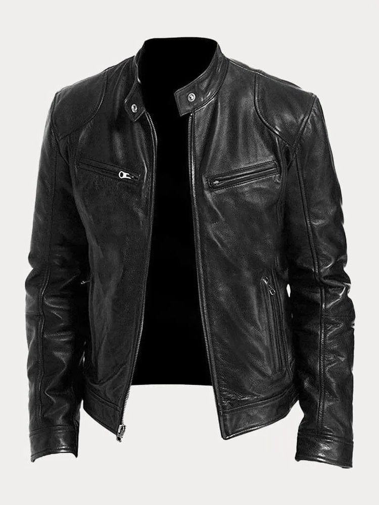 Structured Jacket with Metal Zip Closure and Snap Tab Stand Collar