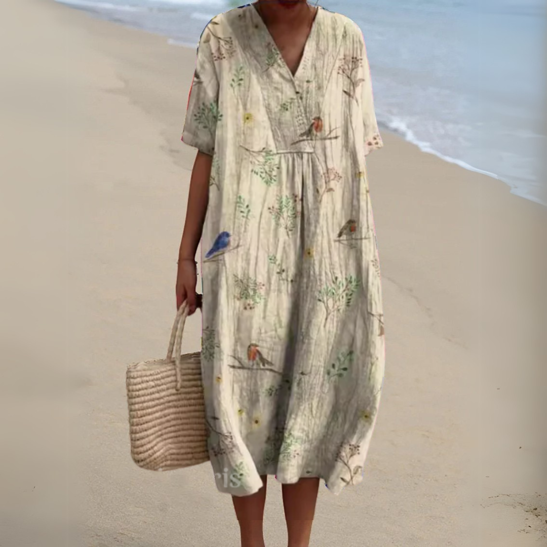 Versatile women's multicolour V-neck floral dress, suitable for casual outings and elegant events.