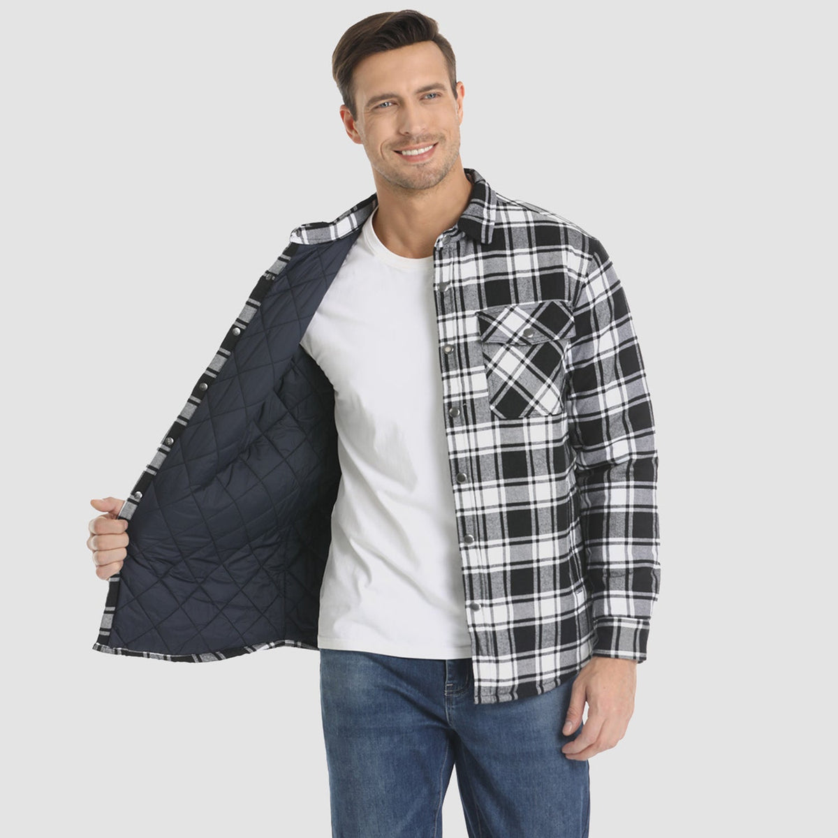 Mens Button-Up Flannel Jacket with Stand Collar and Long Sleeves