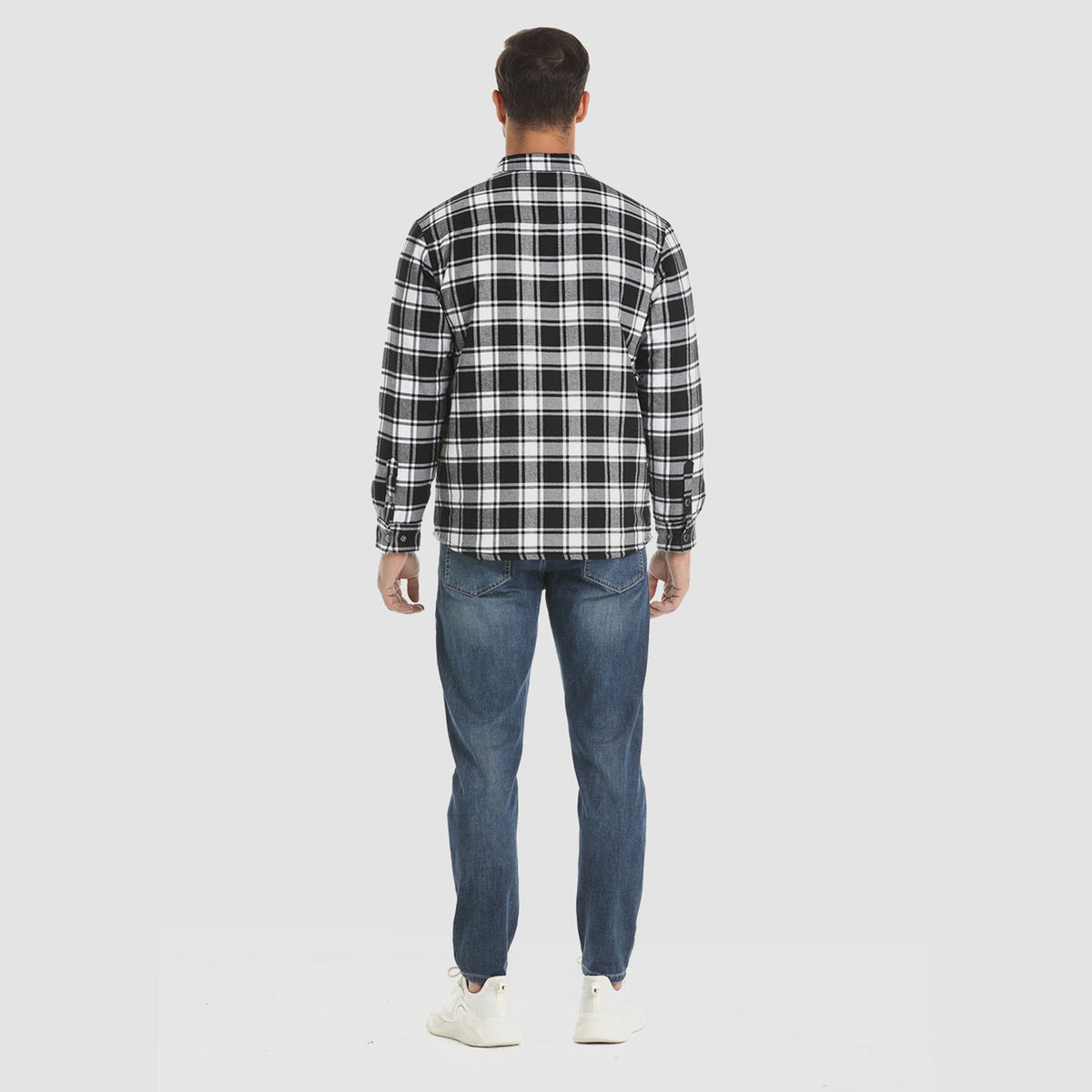 Mens Button-Up Flannel Jacket with Stand Collar and Long Sleeves