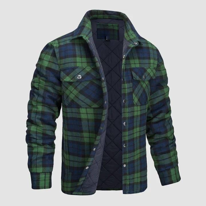Mens Button-Up Flannel Jacket with Stand Collar and Long Sleeves
