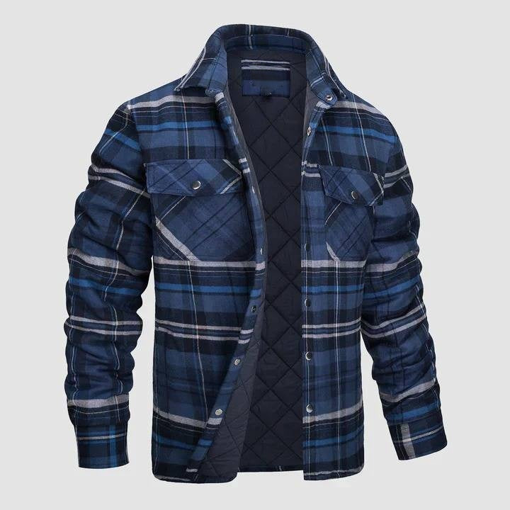 Mens Button-Up Flannel Jacket with Stand Collar and Long Sleeves