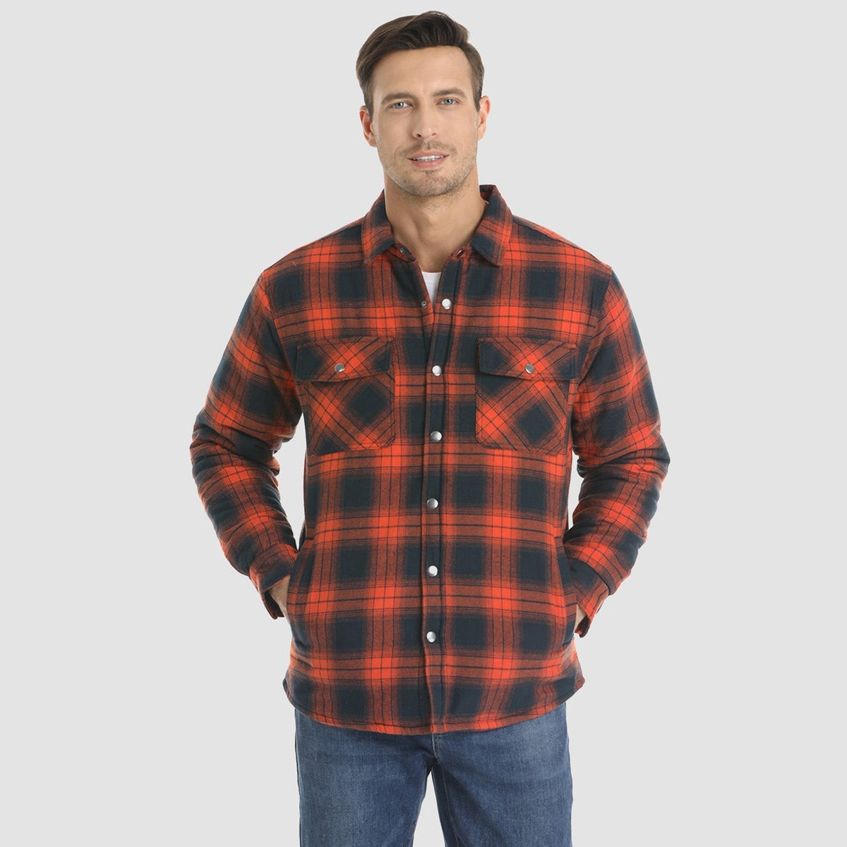 Mens Button-Up Flannel Jacket with Stand Collar and Long Sleeves