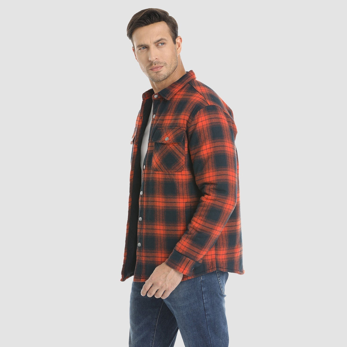 Mens Button-Up Flannel Jacket with Stand Collar and Long Sleeves