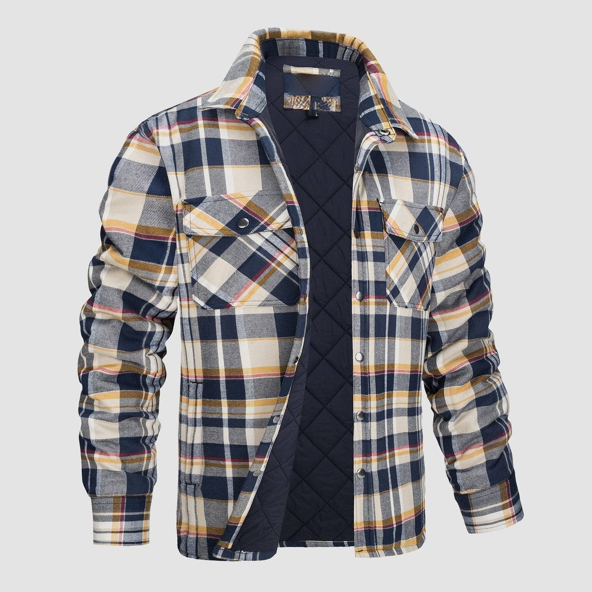 Mens Button-Up Flannel Jacket with Stand Collar and Long Sleeves