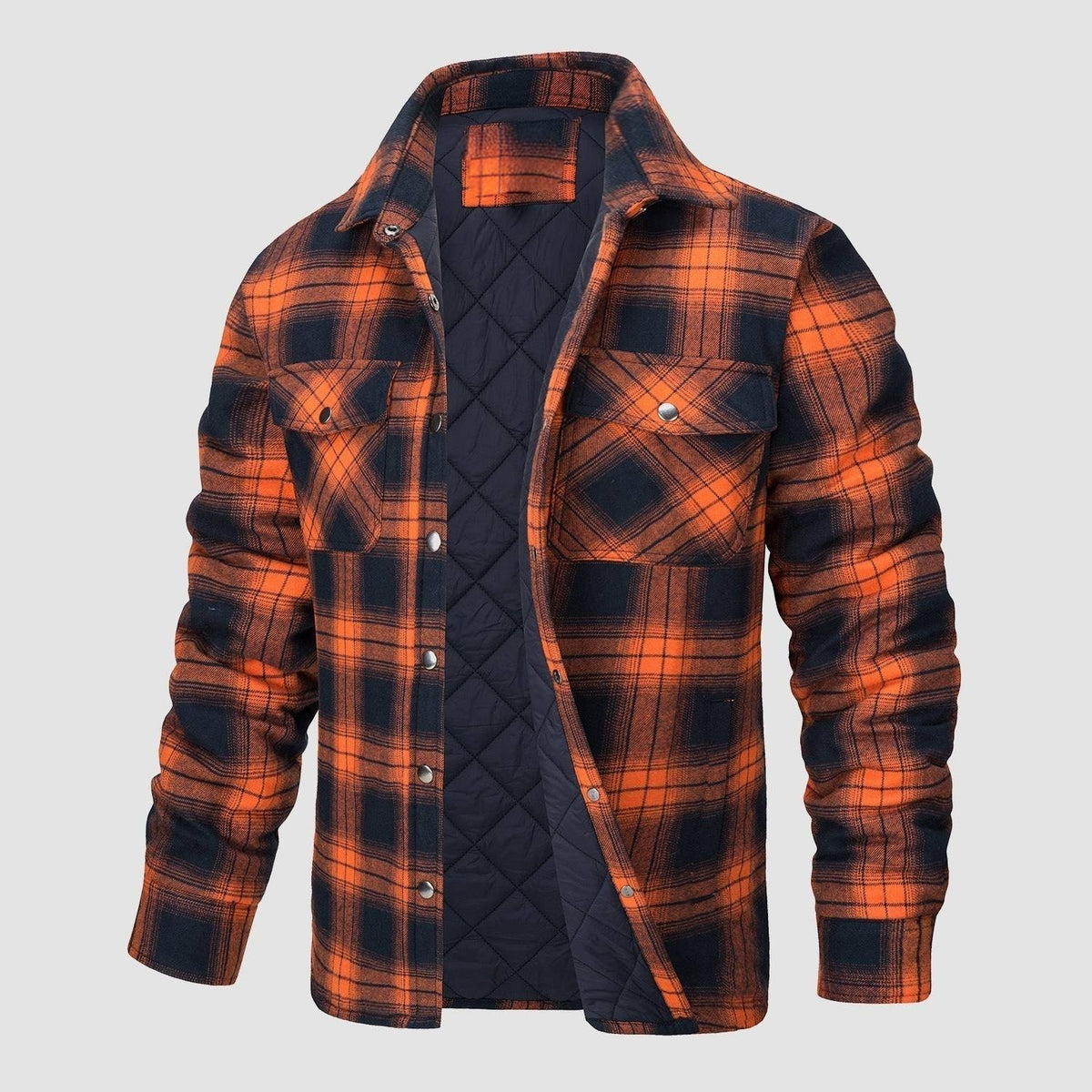Mens Button-Up Flannel Jacket with Stand Collar and Long Sleeves