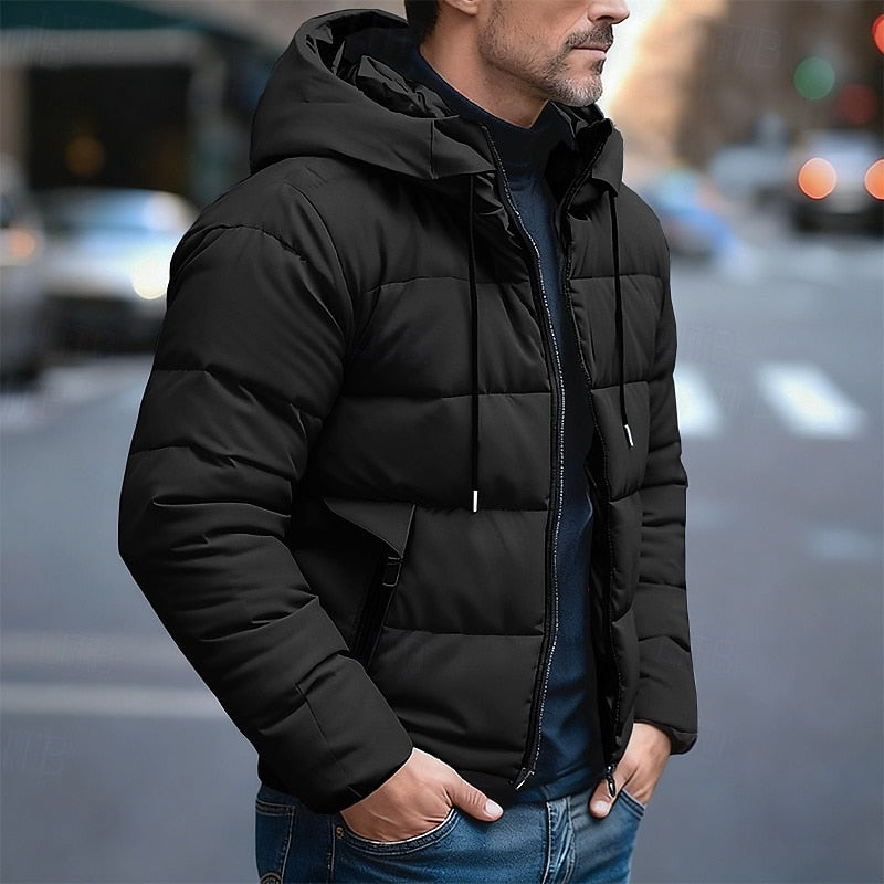 Hooded Puffer Jacket with Quilted Padding and Adjustable Drawstring, Front Pockets