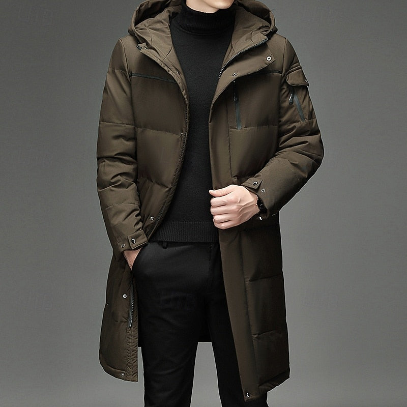 Padded Long Winter Coat with Adjustable Hood and Zip Pockets, Below Knee Length