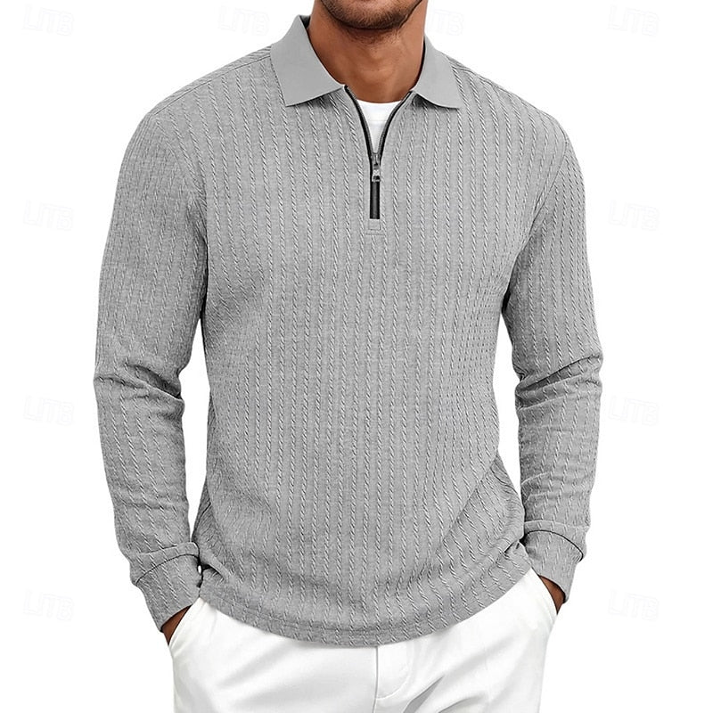 Mens Textured Quarter-Zip Polo Shirt with Long Sleeves and Regular Fit