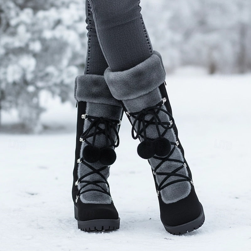 Mid Calf Winter Boots with Lace Up Design and Fur Trim Block Heel