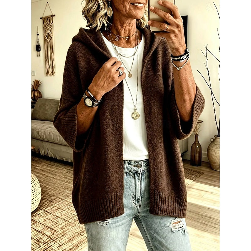 Textured Knit Hooded Cardigan with Three Quarter Sleeves and Ribbed Trim