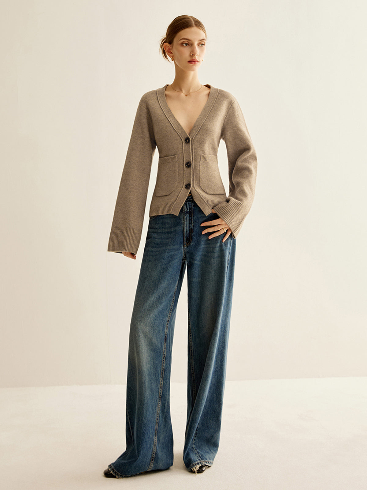 Knit Button Cardigan with V-Neck and Regular Fit