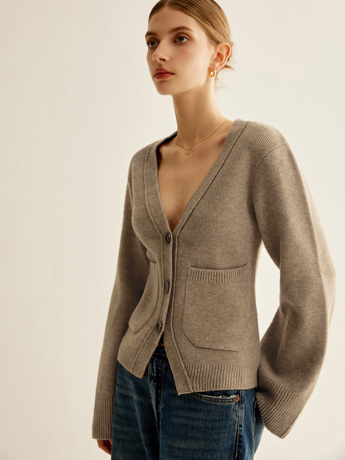 Knit Button Cardigan with V-Neck and Regular Fit