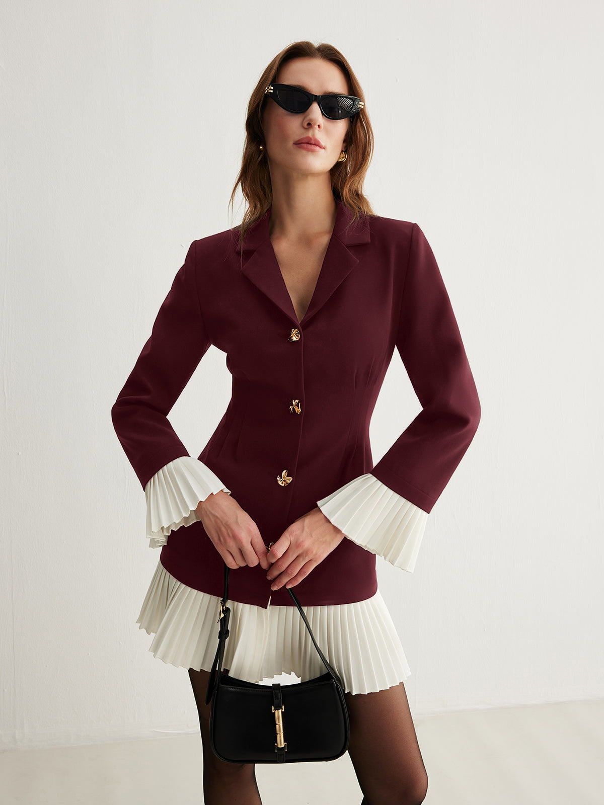 Blazer Mini Dress with Pleated Contrast Cuffs and Hem, Long Sleeves