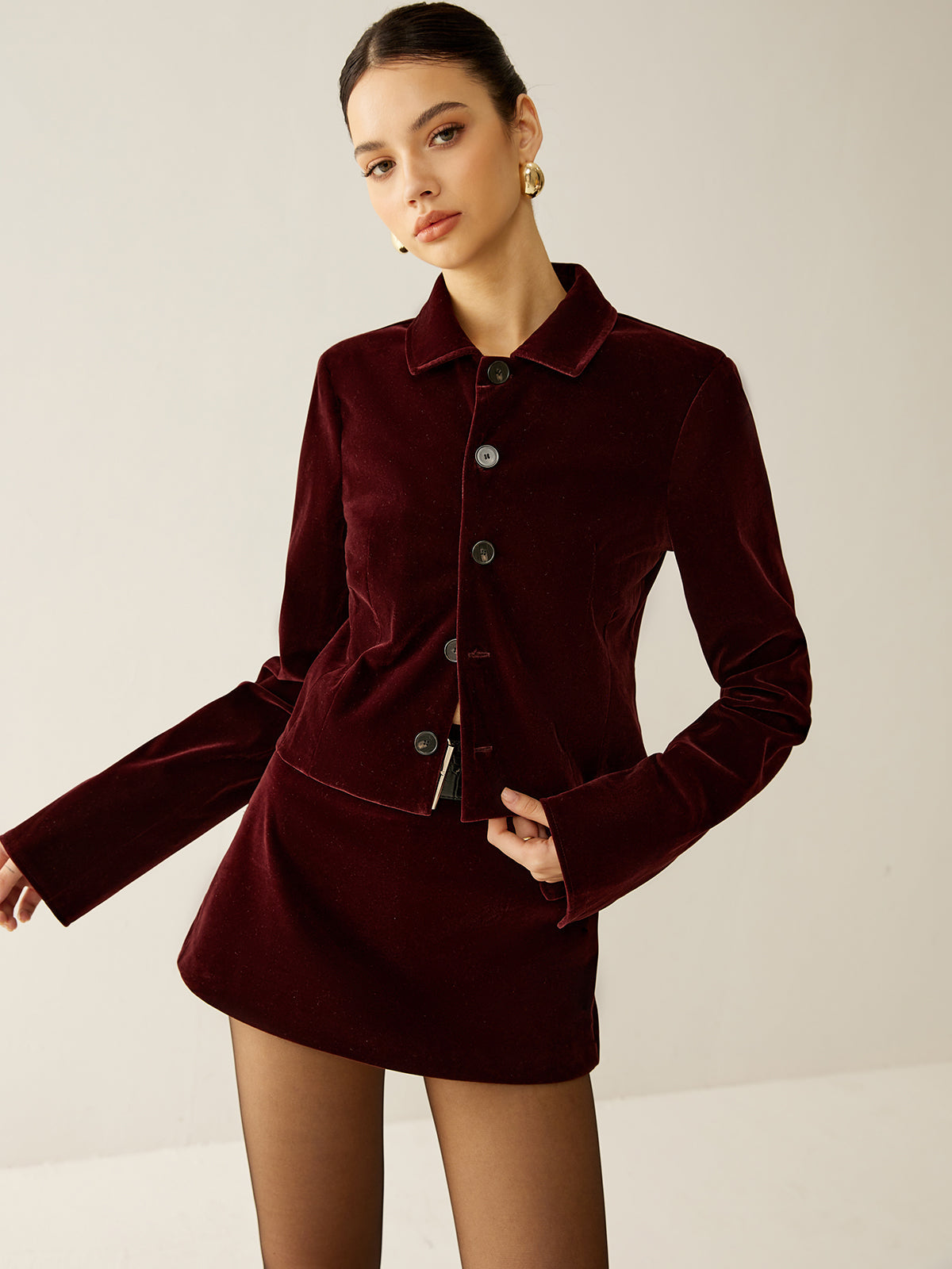 Velvet Long Sleeve Top with Regular Fit and Hip Length Cut